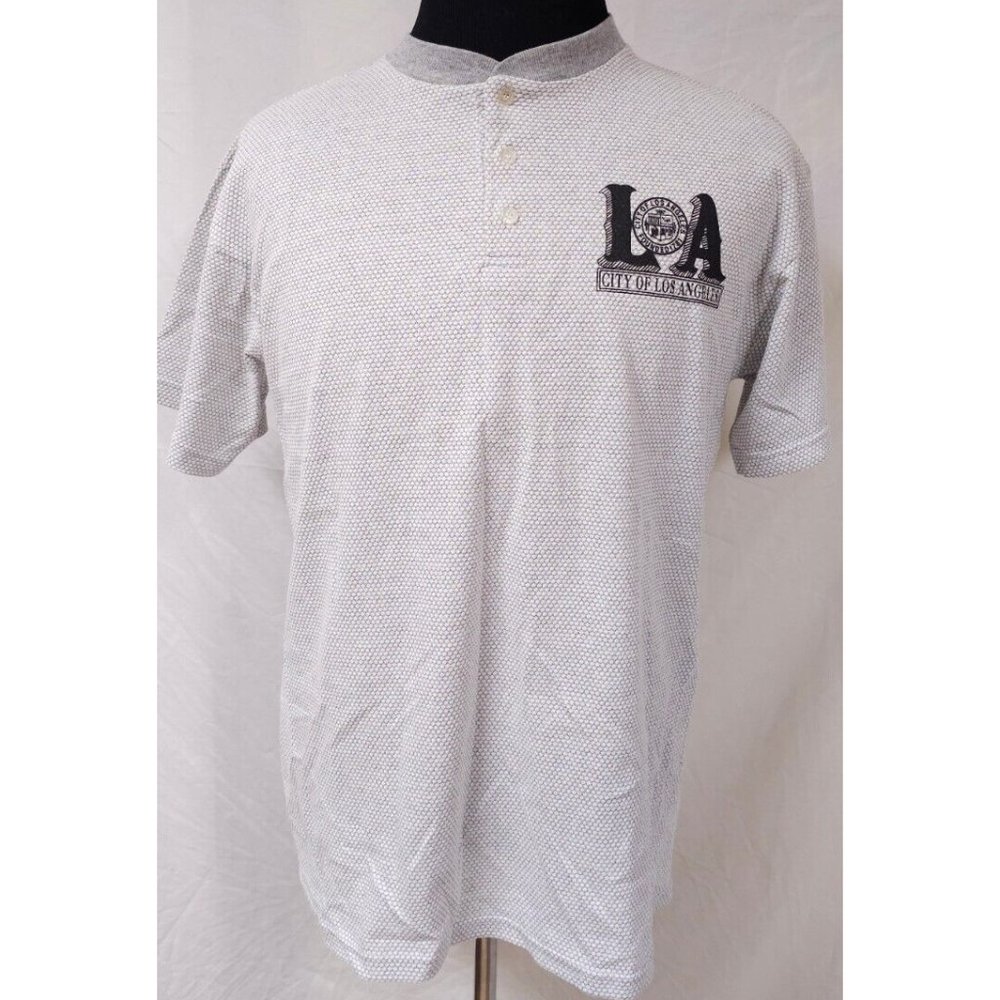 4CO Mens Large Grey Octagon Pattern City Of Los Angeles Short Sleeve Polo Shirt